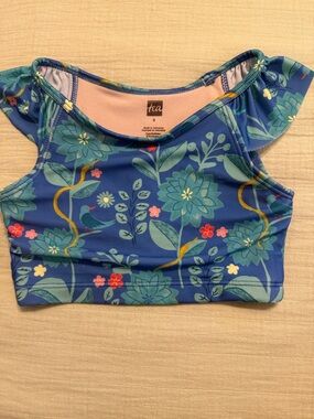 Tea Collection Girls Blue Floral Swim Top with Pink and Yellow Accents